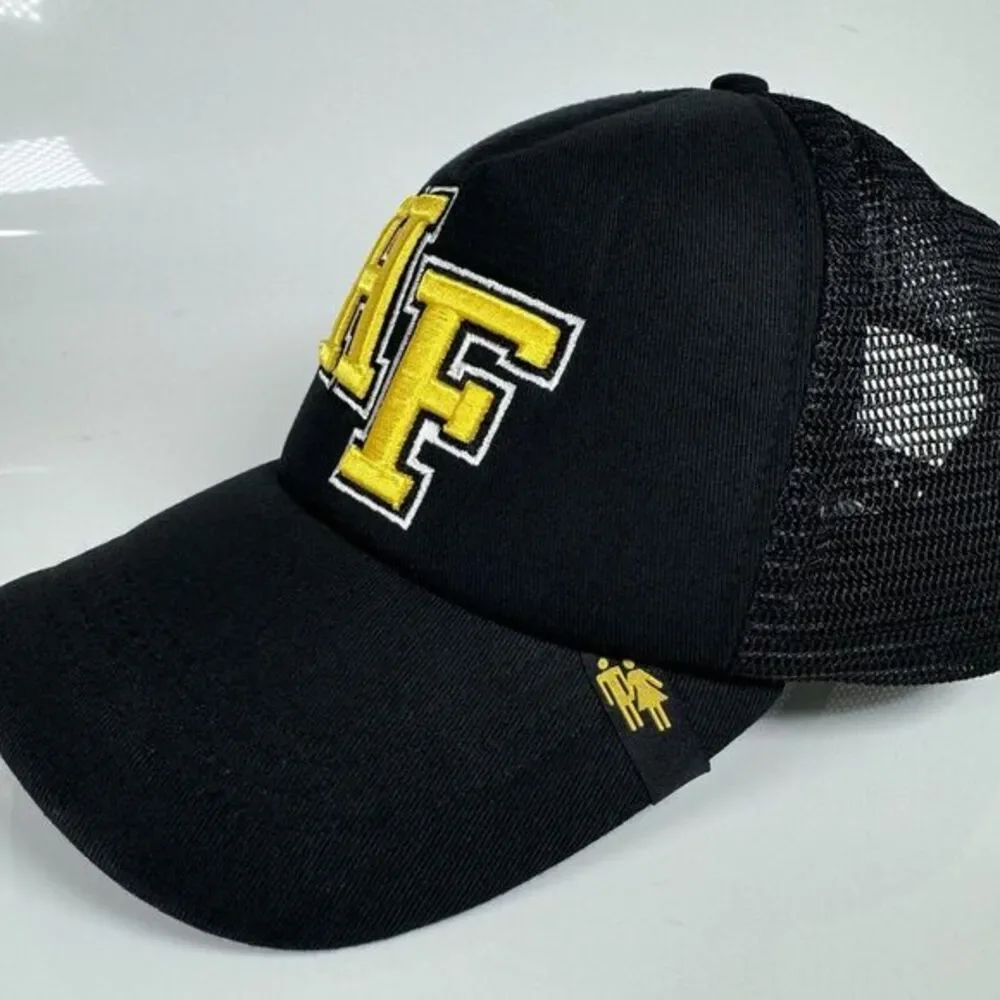 Homme Femme HF Varsity Font Trucker Hat SnapBack Black Yellow Letterman OSFA‎